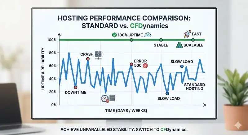 Performance comparison of standard hosting vs. CFDynamics for ColdFusion.