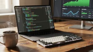 CFDynamics software interface with code and analytics on dual monitors.